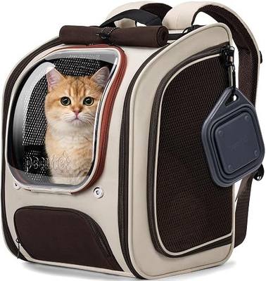 Pecute Dog Backpack Carrier,Large Space Dog Bubble Backpack,Ergonomic,Khaki | Color Blocking,Sunshade curtain,Folding bowl,Transparent window,Sturdy,Large mesh on both sides for breathability