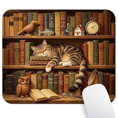 Adorable Sleeping Cat on Old Bookshelf Mouse Pad, Vintage Library Desk Mat | 9.5"x 7.9", Adorable Cozy Book Nook Pet, Cute Smooth & Anti-Slip Mousepad
