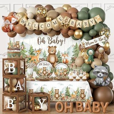 Woodland Baby Shower Decorations,273pcs Woodland Animals Baby Shower Plates and Napkin Sets Banner Backdrop Tablecloth Cake Topper Box Balloon Garland for Forest Birthday Decorations
