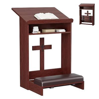 Foldable Prayer Kneeler, Wooden Prayer Bench with Storage Shelf, Cushion Pad, Rounded Corner Bookend and Customizable Cross Decoration, Reinforced Steel Tube Base Design (Mahogany)