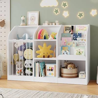 ONBRILL Toy Storage Organizer with Bookshelf & Stuffed Animal Storage, Kids Montessori Low Cabinet with 4 Open Cubbies for Kids Room Playroom Nursery Bedroom Living Room (White)
