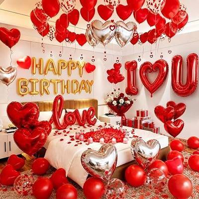 36in I Love You Balloons for Her/Him, 663pcs Happy Birthday Decorations with Rose Petals, Heart Hanging for Valentine Birthday Bedroom Hotel Room Happy Anniversary Romantic Special Night Decorations