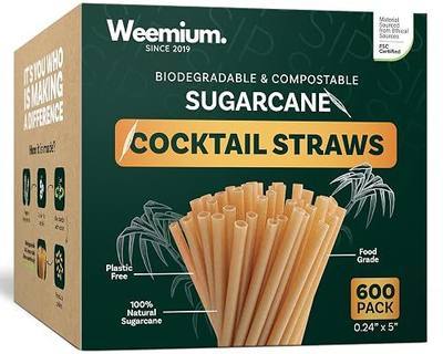 Weemium Sugarcane Cocktail Straws 5 Inch | 600 Count Bulk Short Straws | Cocktail Straws, Bar Straws for Cocktail made from Sugarcane | Sugar Cane Sip Stirrers | Cocktail Sippers for Bar & Drinks