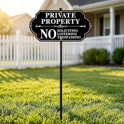 Private Property No Trespassing Sign with Stake, 14x7 inch/30 inch High, No Soliciting Yard Sign with Stake, Weatherproof & Fade-Resistant, Easy to Install for Home, Front Door, Business