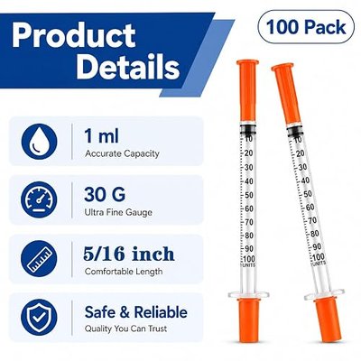 100Pack U-100 1 ml/cc 30G x 5/16’’ (8mm), Disposable Individual Package | Single-Use Design | Easy-to-Read Scale | Leak-Resistant Plunger | Reliable Dispensing | Multi-Purpose Applications