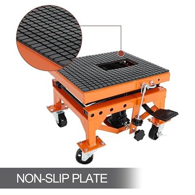 300lbs Heavy Duty Hydraulic Motorcycle Scissor Jack Lift | with The Foot Peg Hold Downs Fit for Motorbike Dirt Bike Hydraulic Center Stand Lift with 4 Wheels