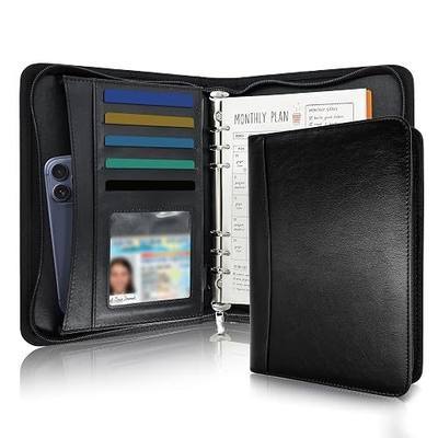 Convend Zip Series Premium Faux Leather A5 6 Ring Portfolio Binder with Zipper, Refillable Planner Notebook Organizer with Card Slots, Pen Loops & Pockets for Work, School, Travel, Black