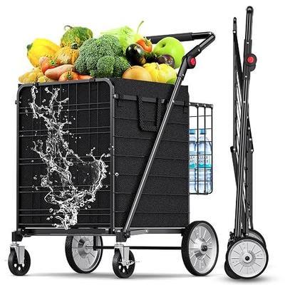 XINGLANG Heavy Duty Folding Shopping Cart – 5.7 Cu Ft, 600 lbs Capacity, Double Basket & Removable Waterproof Liner, 360° Swivel Wheels with Brakes, Adjustable & Rotating Handle for Laundry & Grocery
