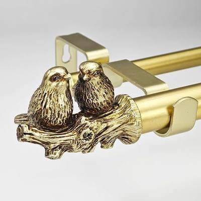 1 Inch Double Curtain Rods 36 to 72 Inches Adjustable Brushed Gold Drapery Rods for Window width 24 to 68 Inches with Twin Birds on Twig Finials for Bedroom