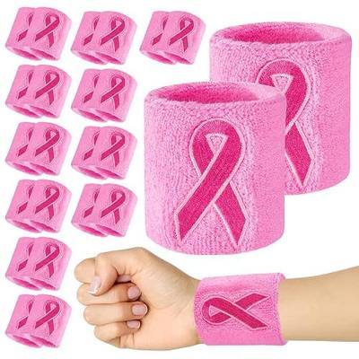 HOFASON 24 Pack Breast Cancer Awareness Wristbands Bulk, Women Men Pink Ribbon Sports Sweat Wrist Bands Cotton Arm Bands for Gymnastics Football Basketball Baseball Running