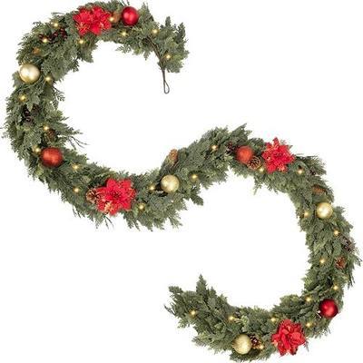 Christmas Garland 9FT Decorations Cedar Cypress Garland with Berry Pine Cone Poinsettia Balls Artificial Green Garland with Lights for Mantle, Fireplace, Table, Stairs, Indoor Outdoor Decorations