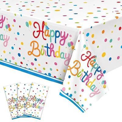 3 Pack Plastic Birthday Tablecloth, Disposable Polka Dots Tablecloth | Pe Plastic, Waterproof Surface, 54 X 108Inch Fit Most Rectangular 8-10 Seat Tables, Polka Dot Birthday Print, Easy Cleanup