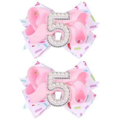 2PCS Hair Bows for Baby Girls Birthday-5th Birthday Hair Bow Sweet Theme with Ice Cream Party, Pink Hair Accessories for Toddler 1 2 3 4 5 6 Years,Outfit,Decorations
