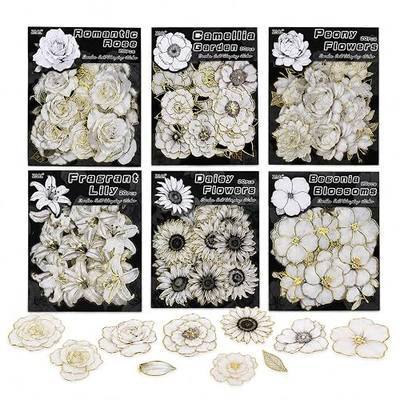 120PCS Gold Foil Flower Stickers for Scrapbooking, 6 Pack 3D PET Floral Stickers for Journaling, White Flower Decals for Crafts, Junk Journal Supplies, Collage and Card Making