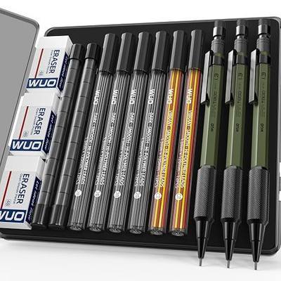 WUO 1.3mm Mechanical Pencil Set, 3 Pack Heavy Duty Metal Mechanical Carpenter Pencils with 72 Lead Refills, 3 Erasers, 20 Cap Eraser Refills for Construction Woodworking Drafting Marking
