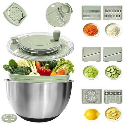 Stainless Steel Salad Spinner Large with 5 Blades Slicer, Vegetable Dryer, Non-Slip Base, Stop Button, Vegetable Fruits Chopper Bowl 5L Capacity with Egg Yolk Strainer