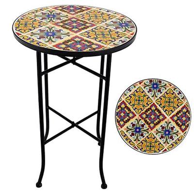 Mosaic Outdoor Side Table Small Round Patio Table Plant Stand | 21" Accent End Table with 14" Ceramic Tile Top for Small Spaces Porch Pool Garden Decor Indoor Living Room Bedroom Balcony