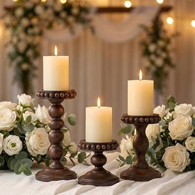 Mumufy 3 Pcs Candle Holders for Pillar Candles Rustic Farmhouse Home Decor Decorative Washed Beaded White Black Wood Candle Holder Country Style for Table Mantel Fireplace Wedding(Dark Brown,Small)