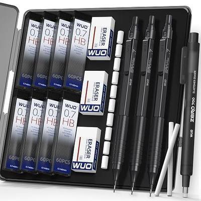 WUO 0.7mm Mechanical Pencil Set, 3 Black Metal Drafting Pencils with 480 HB Lead Refills, Precision Eraser Pen, 4B Erasers & Case, Mechanical Pencils for Writing, Drawing, Sketching & School