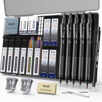 WUO Metal Mechanical Pencil Set, 5-Pack 0.3mm 0.5mm 0.7mm 0.9mm 2.0mm Drafting Pencils with 312 Lead Refills, Precision Eraser Pen, Erasers & Sharpeners for Drawing, Sketching, Writing