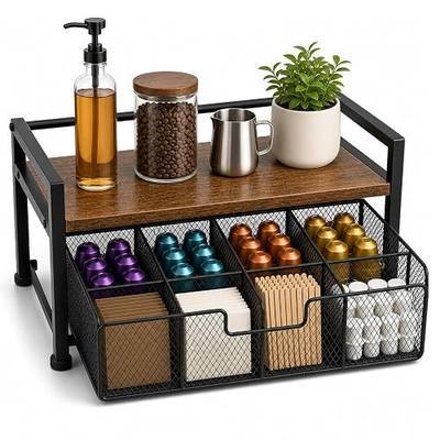 Coffee bar storage rack, two-tier countertop coffee shelf, retro wood and metal holder for K-Cup, can store coffee capsules, syrup bottles, tea bags, cups and stirrers.