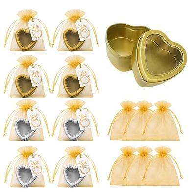 10Sets Gold Heart Shaped Tin Cans with Clear Lids, 2oz Mini Favor Boxes with Organza Bags & Gift Tags, Metal Gift Boxes for Party Favors, Candy, Wedding, Baby Shower, Candle Making (V2)