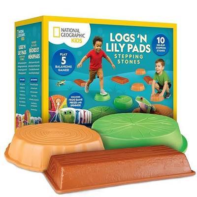 National Geographic Kids Logs n Lily Pads 10-Piece Balance Stepping Stones | Obstacle Course, Balance Beams, Non-Slip Design, Spinner, Frog Game Pieces, Toddler Active Play, Play & Learn Booklet