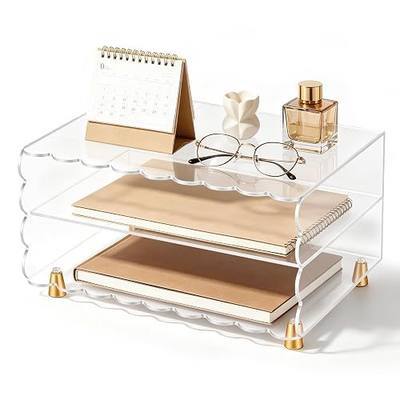 2+1 Tier Paper Letter Tray,Acrylic Desk Organizer with Scalloped Edge& Gold Metal Feet,Top Display Design,Space Saving Clear Organizer for Women, A4 File, Letter, Books,Notes,Home & Office