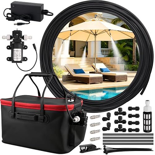 Misting System, Portable Misting System with 20FT/6M Hose, 20L Water Bucket, Water Pump, Filter, Nozzles for Outside Patio Cooling, Canopy, Umbrella, Camping