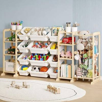4-in-1 Toy Storage Organizer with 2 Bookshelf and Stuffed Animal Storage | 66"W Large Toy Organizer with Bookshelf, Plush Storage and 12 Bins - Big Toy Organization for Baby, Toddler and Kids Playroom