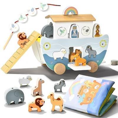 Wooden Noah’s Ark Toy with Cloth Book, Baptism Gifts for Boys and Girls, Christian Shape Sorter Pull Along Playset, Montessori Toys for 1 Year Old, Animal Matching Stacking and Threading Toys