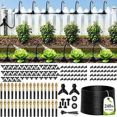 240Ft 1/4" Drip Irrigation System, 360° Adjustable Copper Nozzles, Save 80% Watering System for Garden, Upgraded DIY Kit for Outdoor Plants, Raised & Flower Beds, Landscape, Greenhouse, Yard