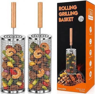Rolling Grill Basket Set of 2, XL 304 Stainless Steel Grill Baskets for Outdoor Grill, Large BBQ Basket with Removable Wooden Handle for Vegetables, Fish, Wings, Shrimp and Camping