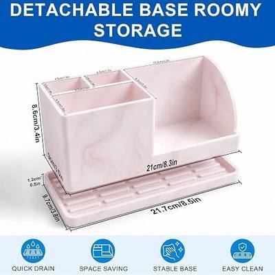 Bathroom Toothbrush Holders, 4 Slots Silicone Counter Organizer Storage with Pink Marble Texture, Detachable Anti-Slip Vanity Organizer for Electric Toothbrush, Toothpaste & Phone