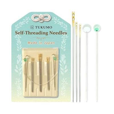 TUKUMO Self-Threading Needles with pins Sewing Needles 3 Sizes of Needles Sharp Hand Sewing Needles, Assorted Sizes,Made in Japan