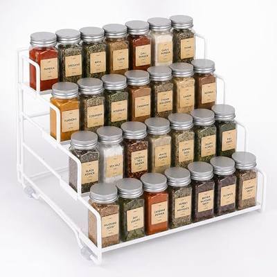 4 Tier Adjustable Spice Rack Organizer for Cabinet & Countertop | Adjustable-Depth Shelves, Tiered Visible Display, Raised Edge Guard, Vertical Space Saver, Metal Construction, White