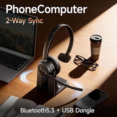 Angteela Bluetooth Headset with Noise Cancelling Microphone, Wireless Headset with Charging Base and USB Dongle, One-Key Mute for Home Office, Call Center and Trucker-White