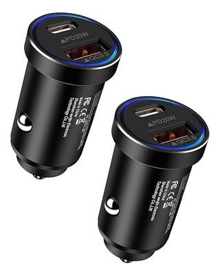 2Pack 12v USB Charger USBC Car Charger Adapter, Mini Car Phone Adapter USBC | Fast Car Charging for Apple iPhone Android Galaxy Dual Port PD&QC 3.0 Cigarette Lighter Double Automobile Cargador Plug