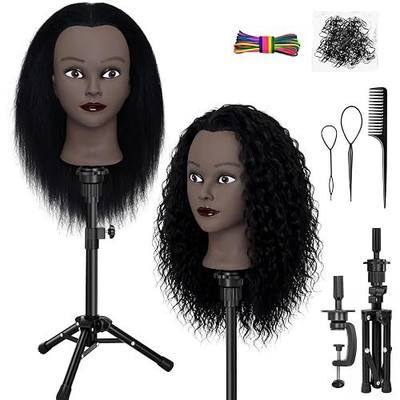 Black Mannequin Head,100% Real Hair Doll Hairdressing Head with Stand,16" Hairdressing Head with Tripod, Styling Head Manikin Head for Practice Styling Braiding
