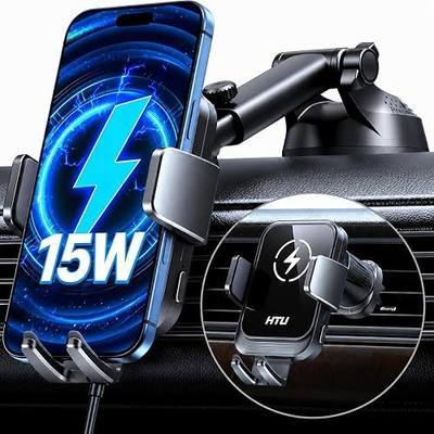 HTU 2026 Upgraded Wireless Car Charger Mount, 【Strongest Suction & Military-Grade Certs】 15W Fast Charging Auto-Clamping Phone Holder for Dash Windshield Air Vent, Fit for iPhone & Android, Jet Black