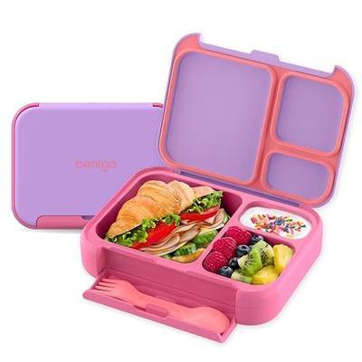 Bentgo Kids Stow & Go Leak-Proof Lunch Box with Built-In Utensil | 3.5-Cup Capacity, Removable Tray, Portion-Perfect Compartments for Kids and Teens, 2-in-1 Spoon & Fork (Lilac Pink)