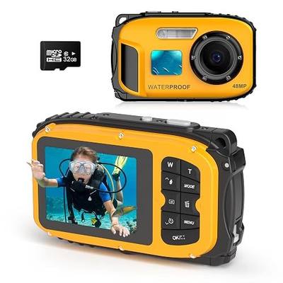 Floating Underwater Camera for Kids, Waterproof Digital Camera with 32GB Card, 48MP 4K Portable Snorkeling Camera for Pool Beach, Lightweight Rechargeable Floating Action Camera, Yellow