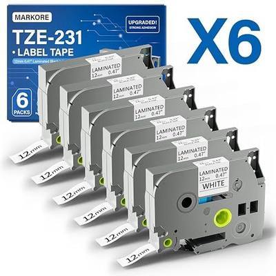 TZe-231 Label Maker Tape Refills, 6 Pack 12mm 0.47 Inch Laminated Black on White Label Tape, Replacement for PT-D210 PT-H110 PTD220 PTD400 PTD600 PT-P300BT PT-P700 PT-E550W Label Makers, 26.2 ft Each