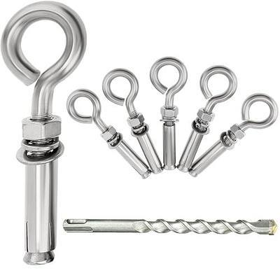 6 Pack 3/8" x 4-1/2" Concrete Eye Bolts, M10 Metal Expansion Anchors with 14mm Drill Bit, Heavy Duty 304 Stainless Steel Eye Bolt for Wall & Brick