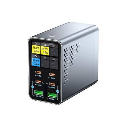 140W 6-Port GaN USB C Charging Station with LCD Smart Display, Desktop Fast Charger for Multiple Devices, Compatible with MacBook, iPhone, iPad, Galaxy, Home Office,Gaming Accessories