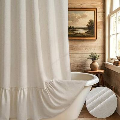 Yinhua Farmhouse Shower Curtain with Ruffle, Vintage Linen Shower Curtain Set with 12 Hooks for Bathroom, Beige Striped Bath Curtains Waterproof Washable Fabric, 72" W x 72" L