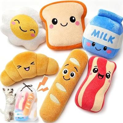 KIPRITII Dog Squeaky Toys for Small Dogs, Breakfast-Themed Puppy Toys to Keep Them Busy, Plush Toys with Squeaker for Interactive Play, Includes Storage Bag
