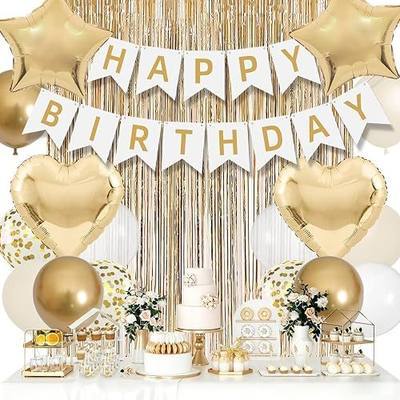 18Pcs Light Gold Birthday Decorations For Women, White Happy Birthday Banner With Fringe Curtains, Star, Heart Foil Balloons, 12 Inch Gold And White Balloons For Happy Birthday Decorations
