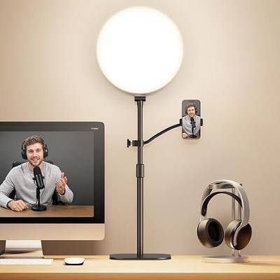 Full-Panel Ring Light with Stand and Extra-Long Flexible Phone Arm for Podcast & Streaming, 10" LED Video Light for Desk, Laptop & Computer, Dimmable Light for Video Recording & Content Creation