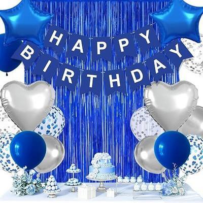 18Pcs Blue Birthday Decorations For Men Women, Blue Happy Birthday Banner With Fringe Curtains, Star, Heart Foil Balloons, 12 Inch Blue And Silver Balloons For Happy Birthday Decorations